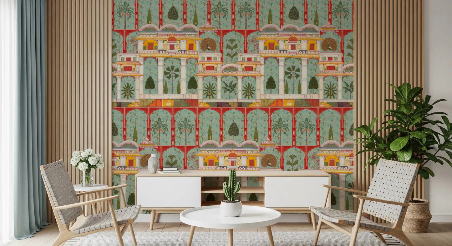Repeating palm tree and architectural pattern on a wall mural., GD8989
