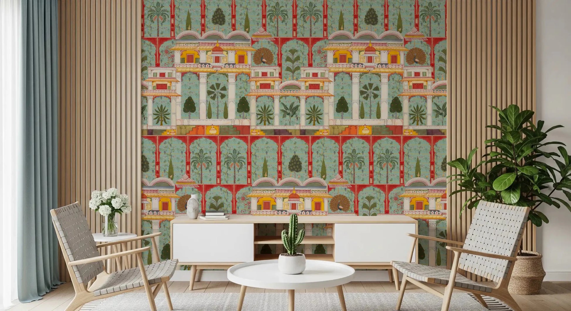 Repeating palm tree and architectural pattern on a wall mural., GD8989