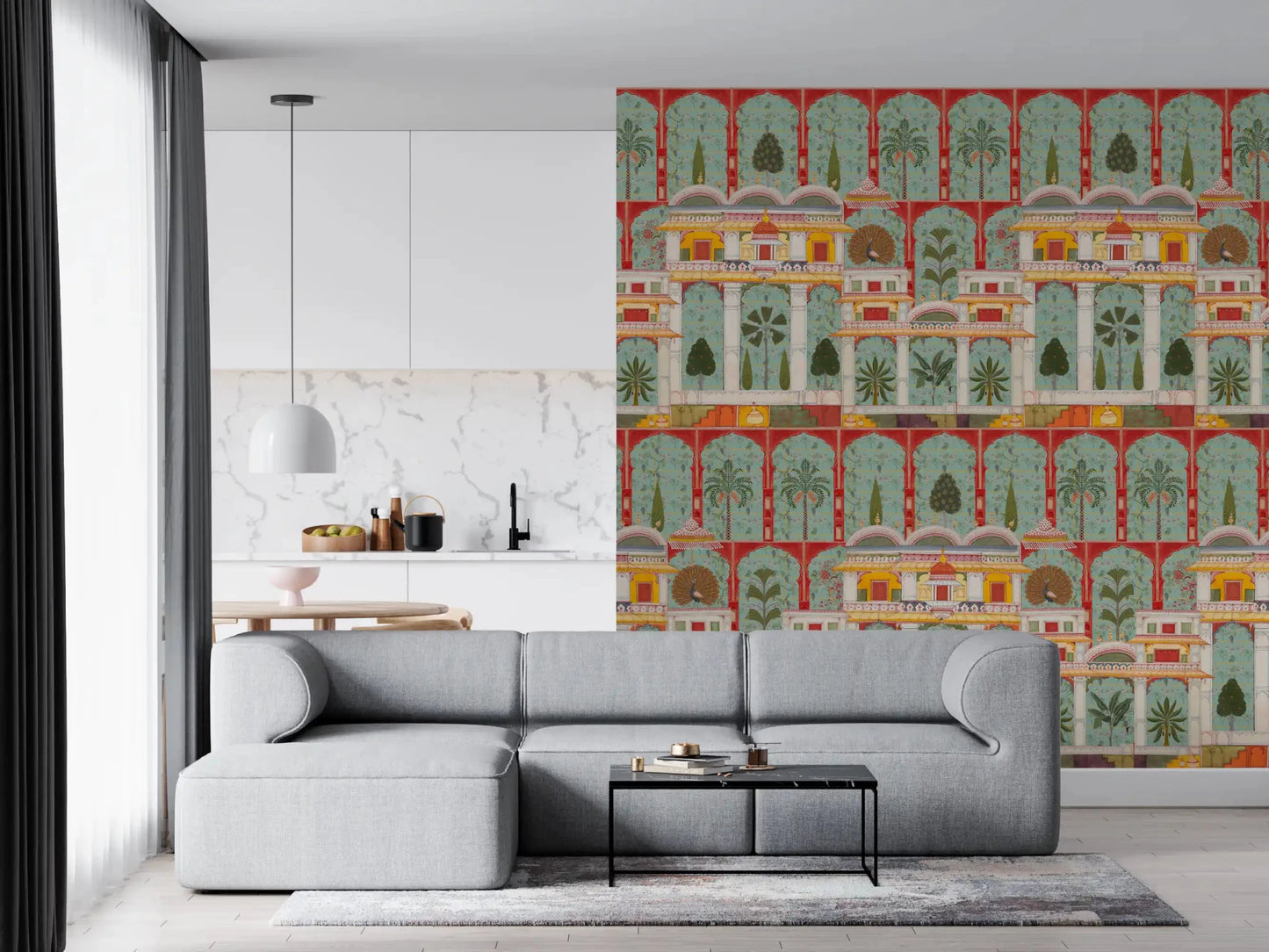 Regal Mughal Garden Wall Mural featuring mint arches and birds., GD8989