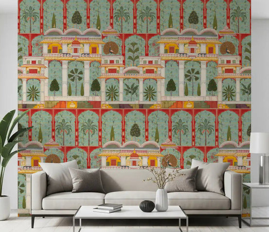 Teal and red palace wall mural design in a modern living room., GD8989