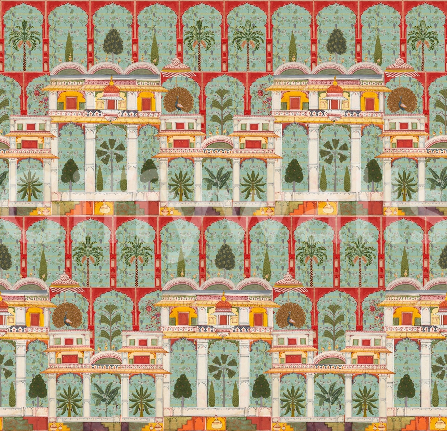 Detailed white columns and greenery on a teal wall mural print., GD8989