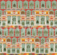 Detailed white columns and greenery on a teal wall mural print., GD8989