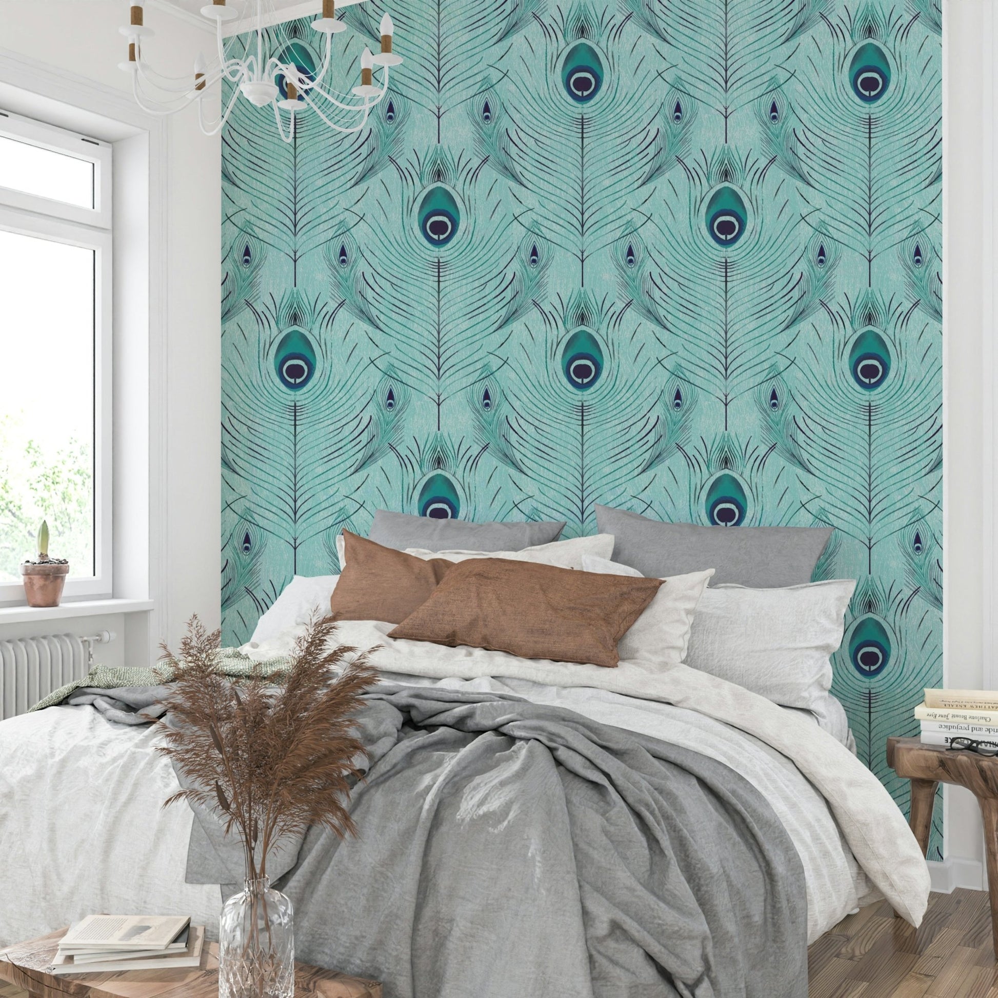 Close detail of mural wallpaper peacock feathers, GD2603
