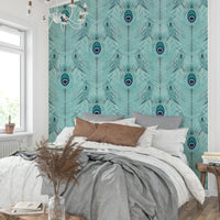 Close detail of mural wallpaper peacock feathers, GD2603