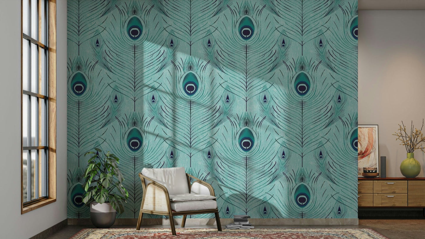 Feature wall with bold blue feather wallpaper, GD2603