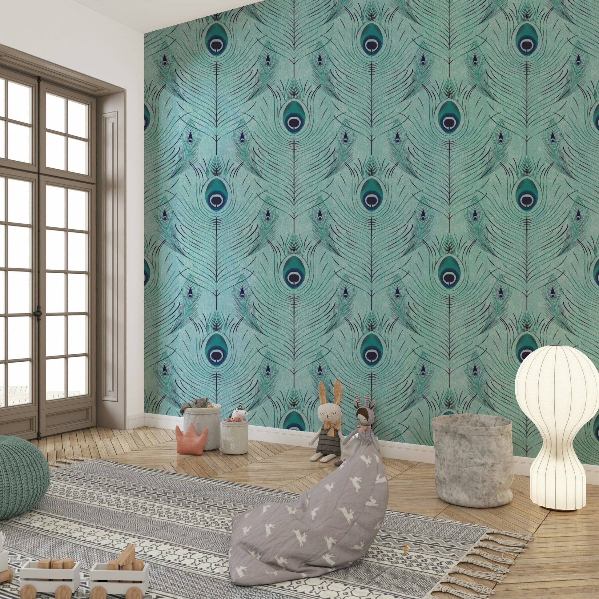 Blue peacock feather mural wallpaper close-up, GD2603