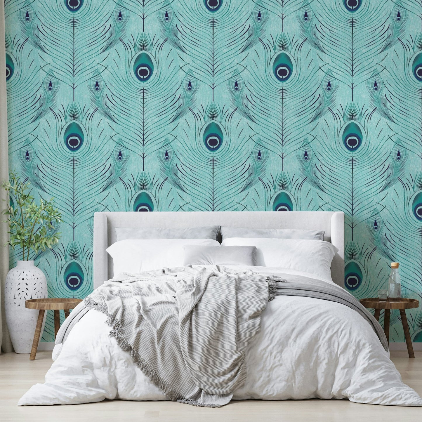 Deep blue feather pattern on wallpaper mural, GD2603