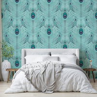 Deep blue feather pattern on wallpaper mural, GD2603