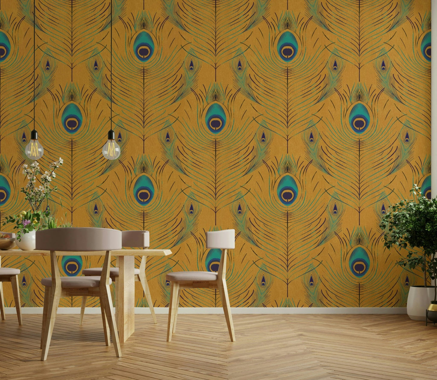 Hallway featuring golden mural wallpaper design

