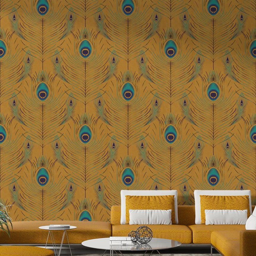 Living room styled with gold feather wallpaper