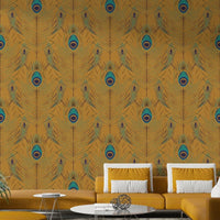 Living room styled with gold feather wallpaper