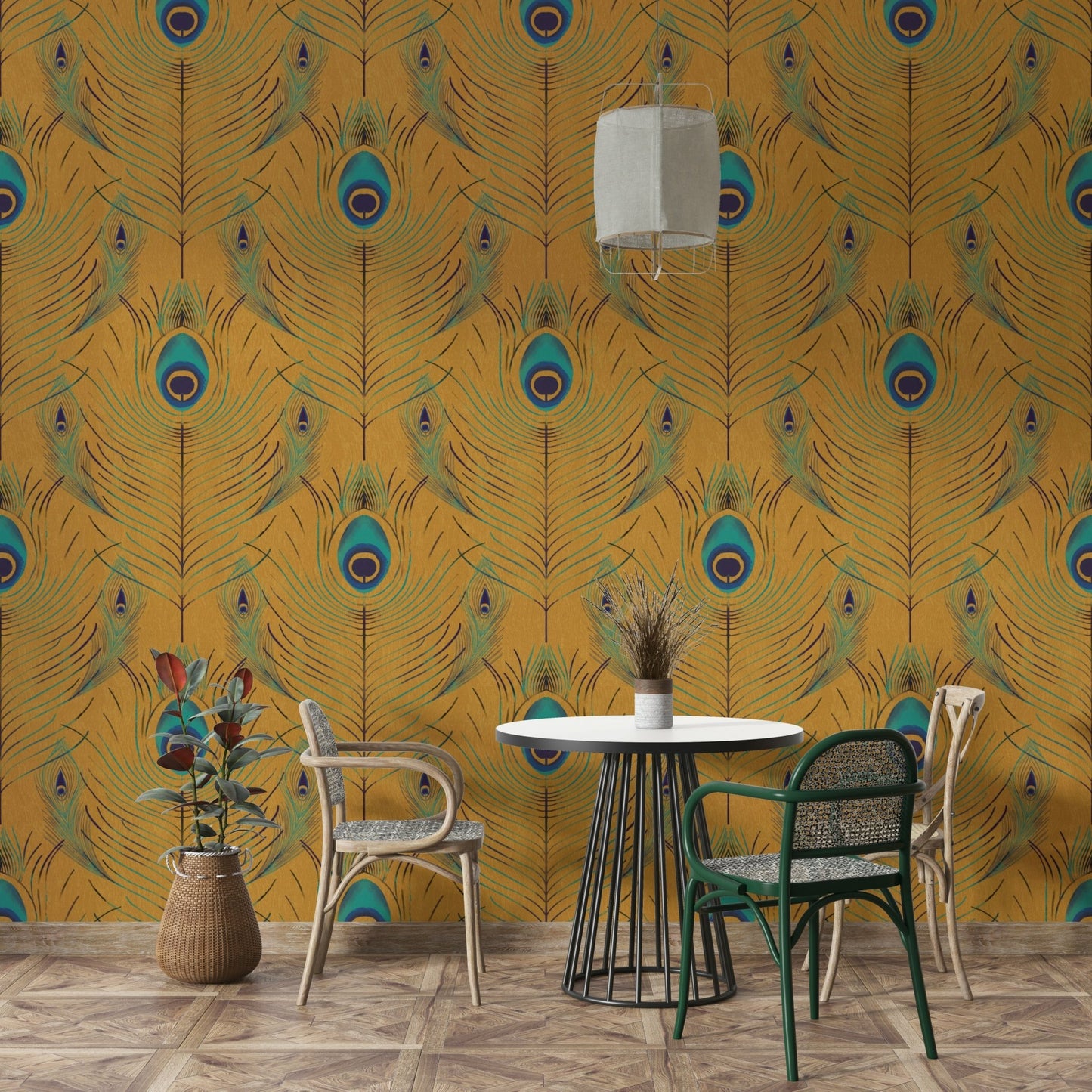 Regal gold wall mural with feather pattern