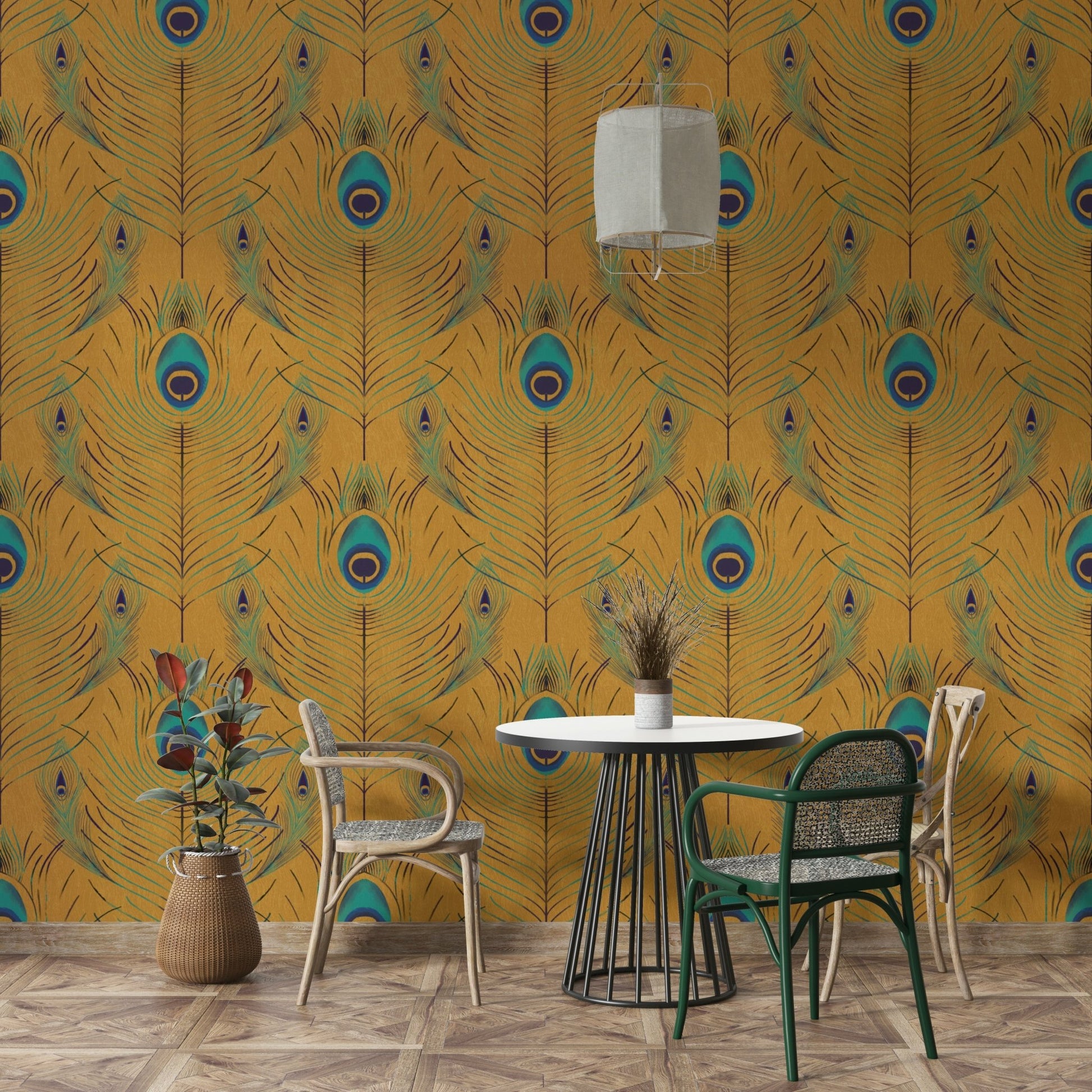 Regal gold wall mural with feather pattern