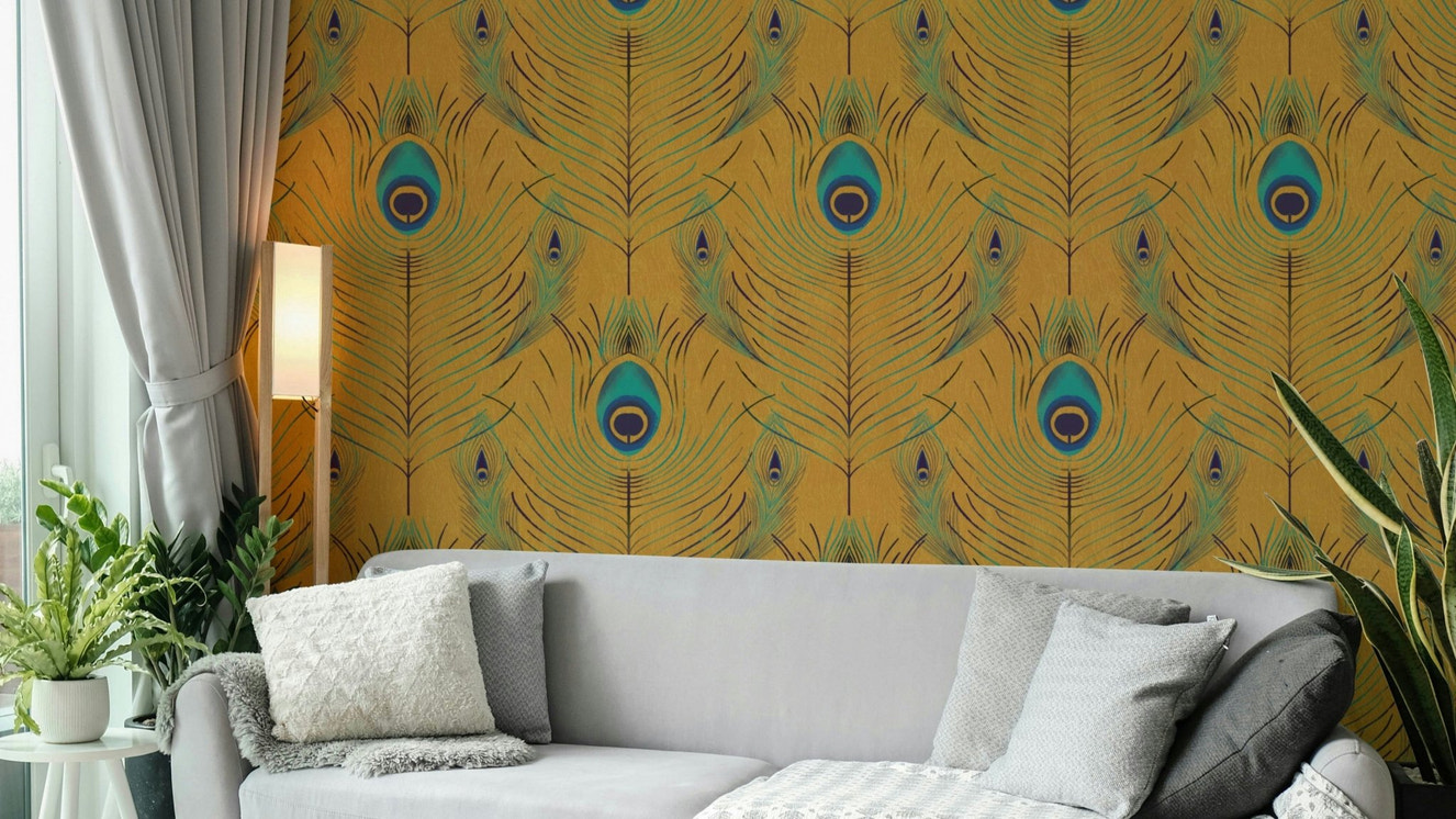 Fine feather detail on gold mural wallpaper