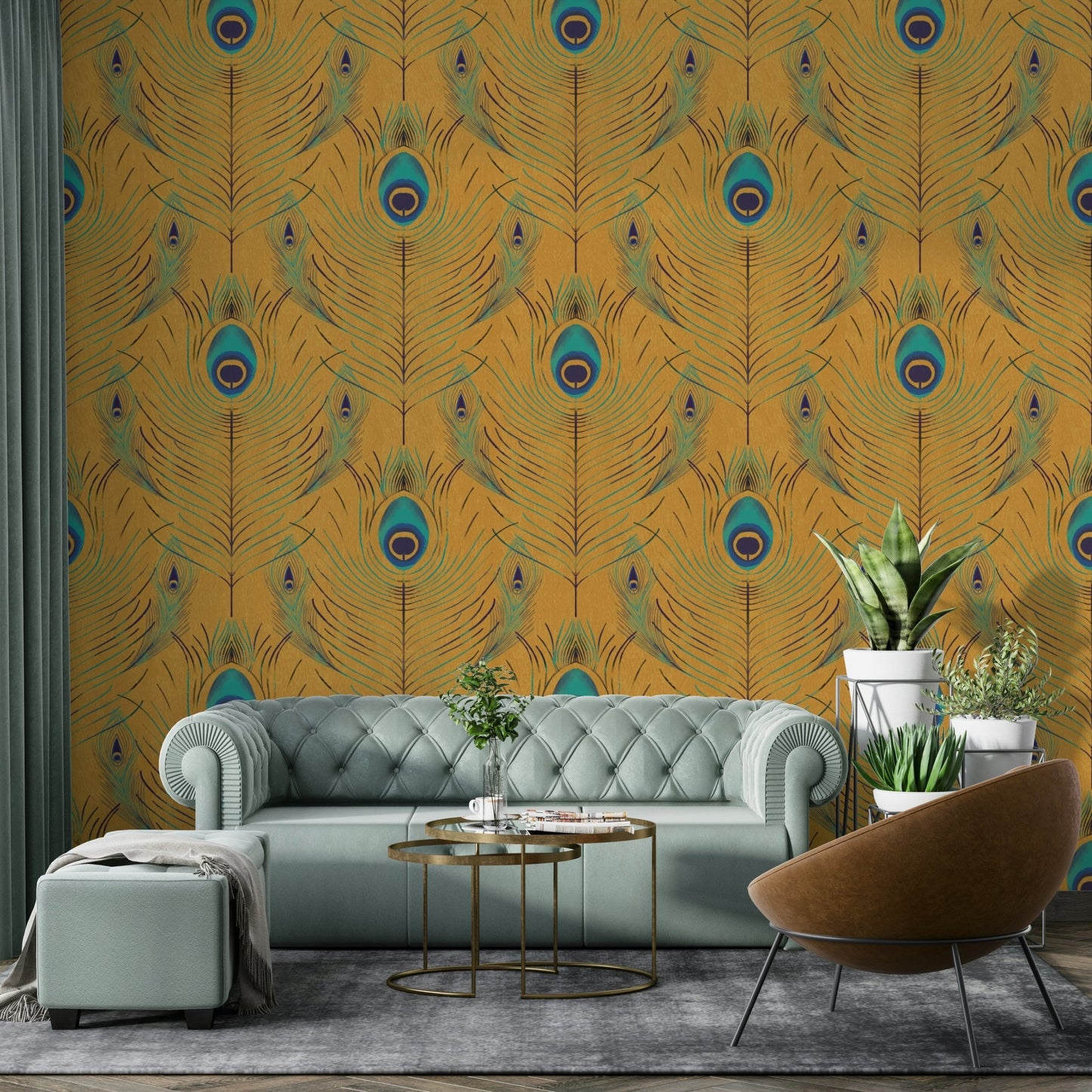 Gold peacock feather mural wallpaper close-up