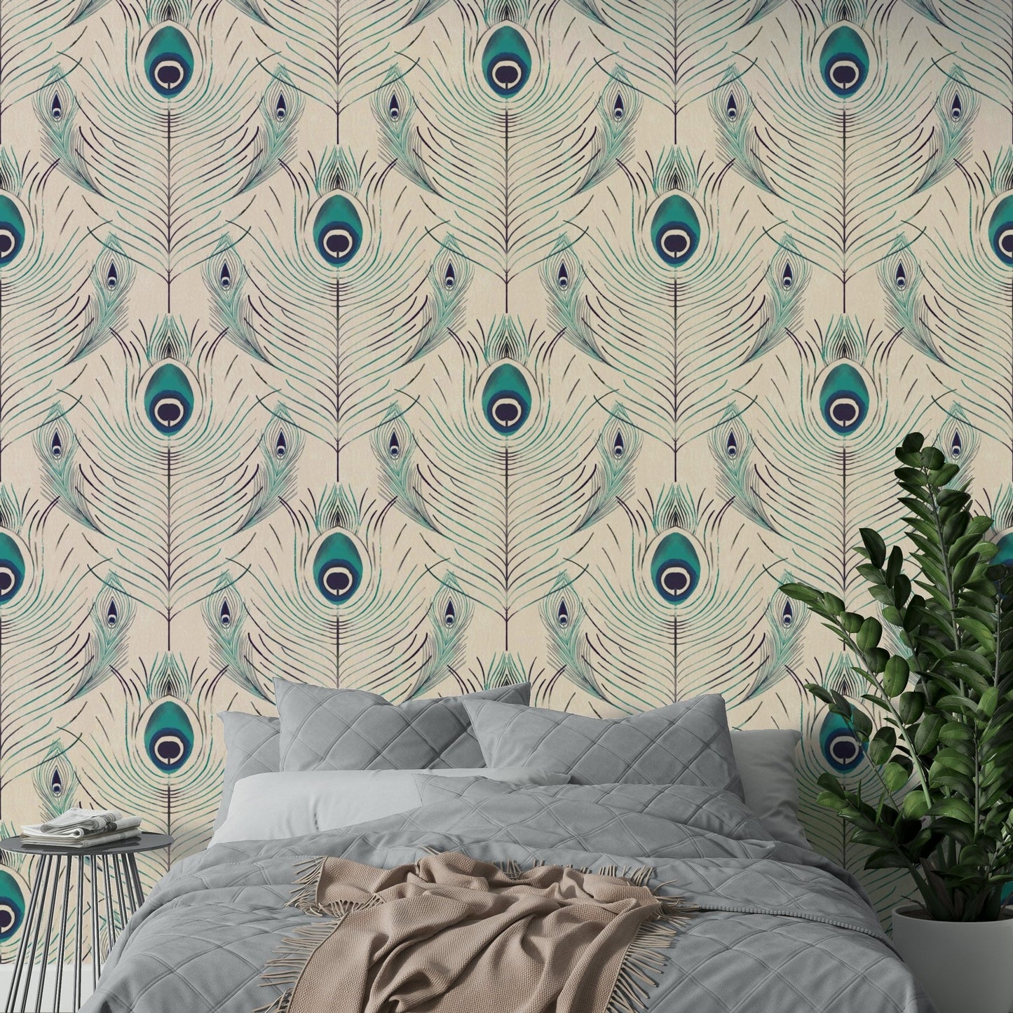 Delicate mural wallpaper with regal feather shapes

