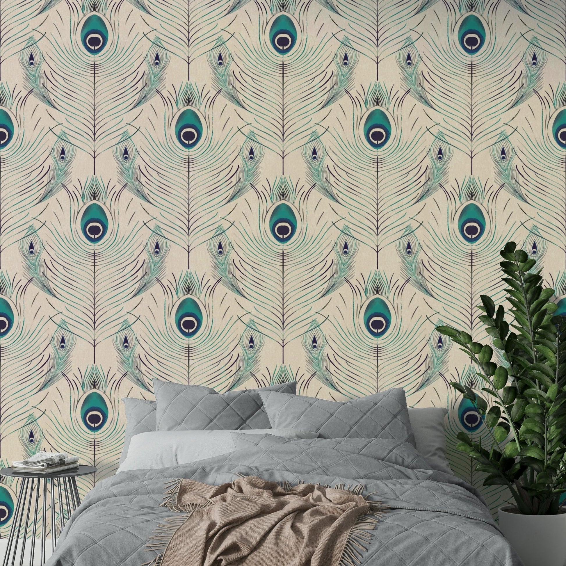 Delicate mural wallpaper with regal feather shapes


