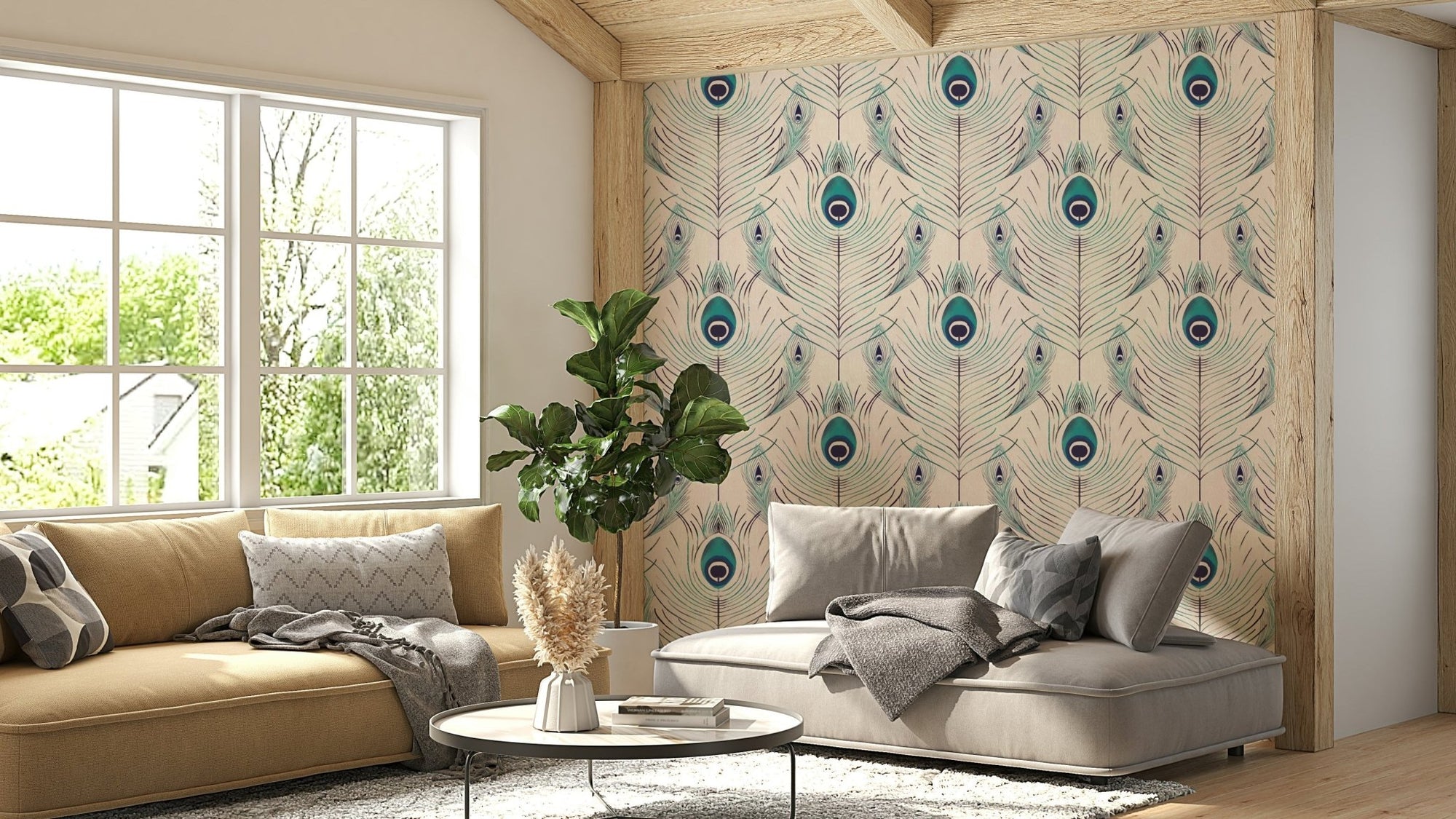 Minimal feather repeat on light neutral wallpaper, GD2648