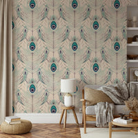 Off-white wallpaper with soft peacock feather pattern

