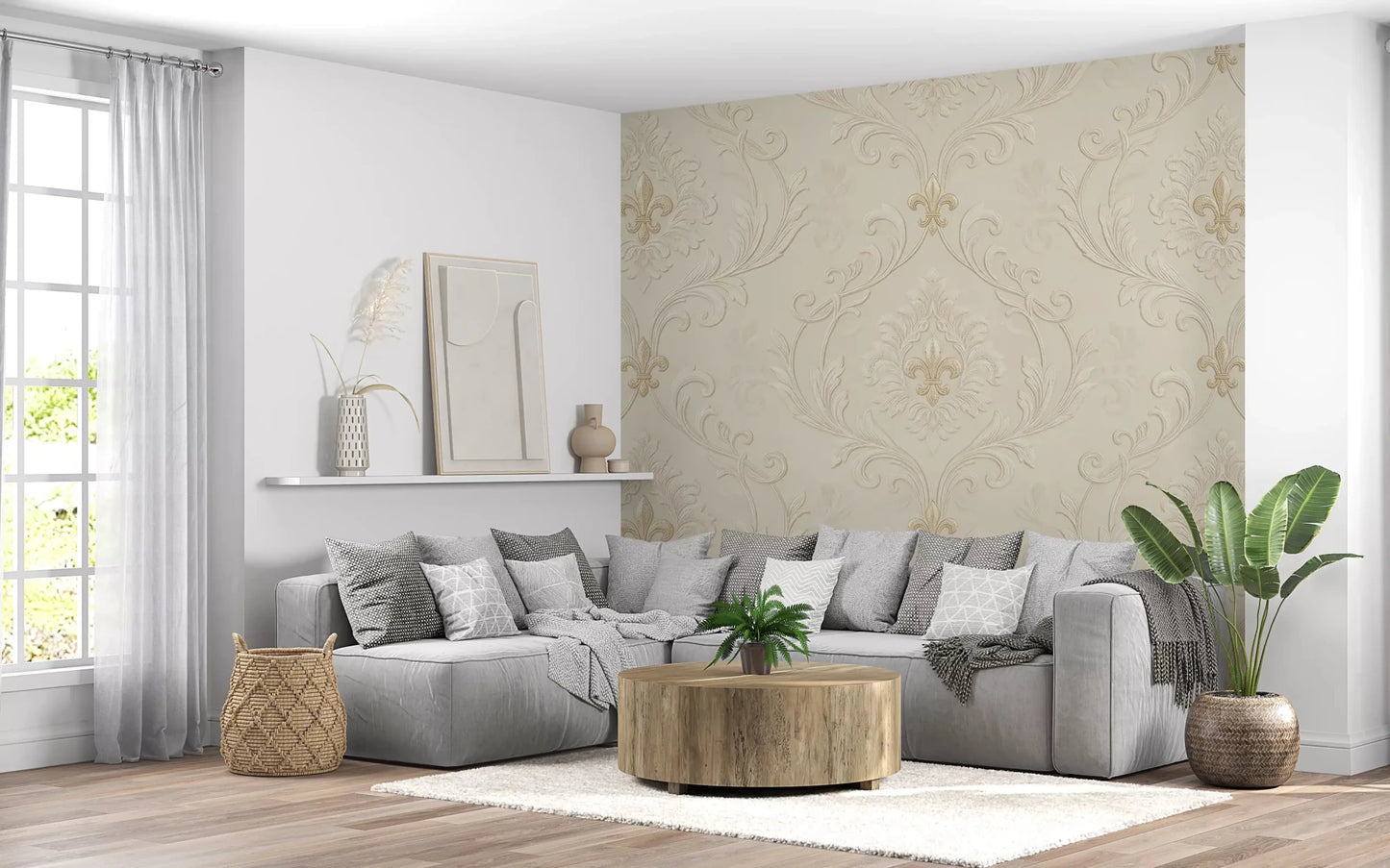 Living room with Regal Scrollwork Elegance wall mural in soft cream damask detail