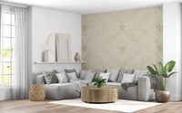 Living room with Regal Scrollwork Elegance wall mural in soft cream damask detail