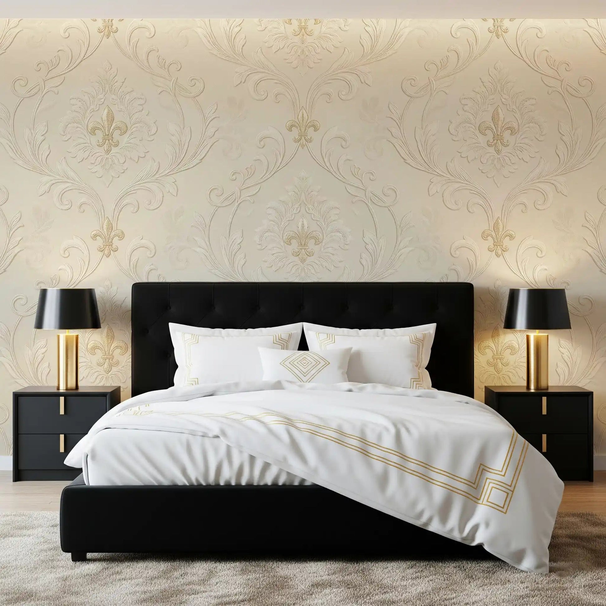 Bedroom wall styled in Regal Scrollwork Elegance mural with ornate scroll pattern