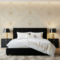 Bedroom wall styled in Regal Scrollwork Elegance mural with ornate scroll pattern