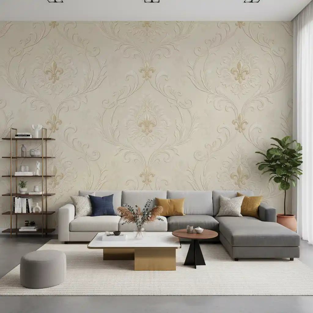 Ornate cream mural with Regal Scrollwork Elegance and refined scroll detail