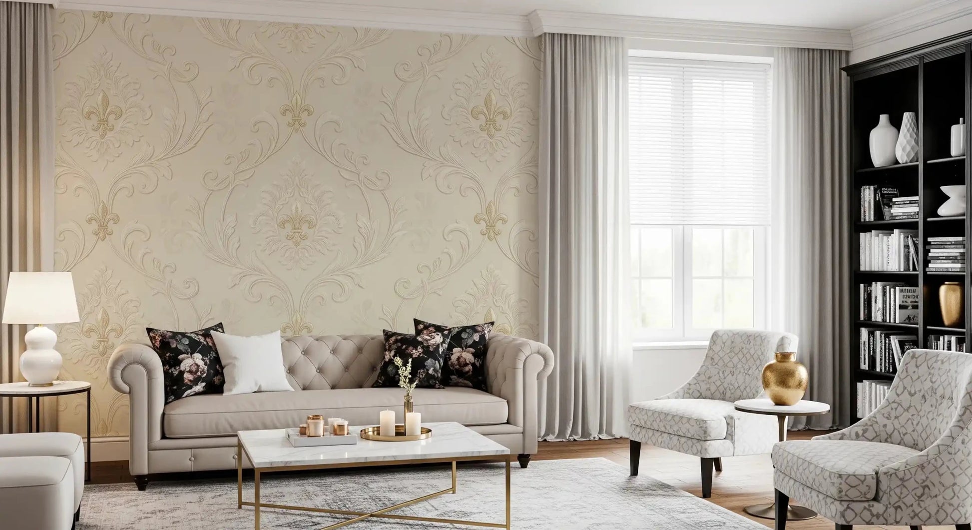 Regal Scrollwork Elegance wall mural with delicate damask scrollwork on beige