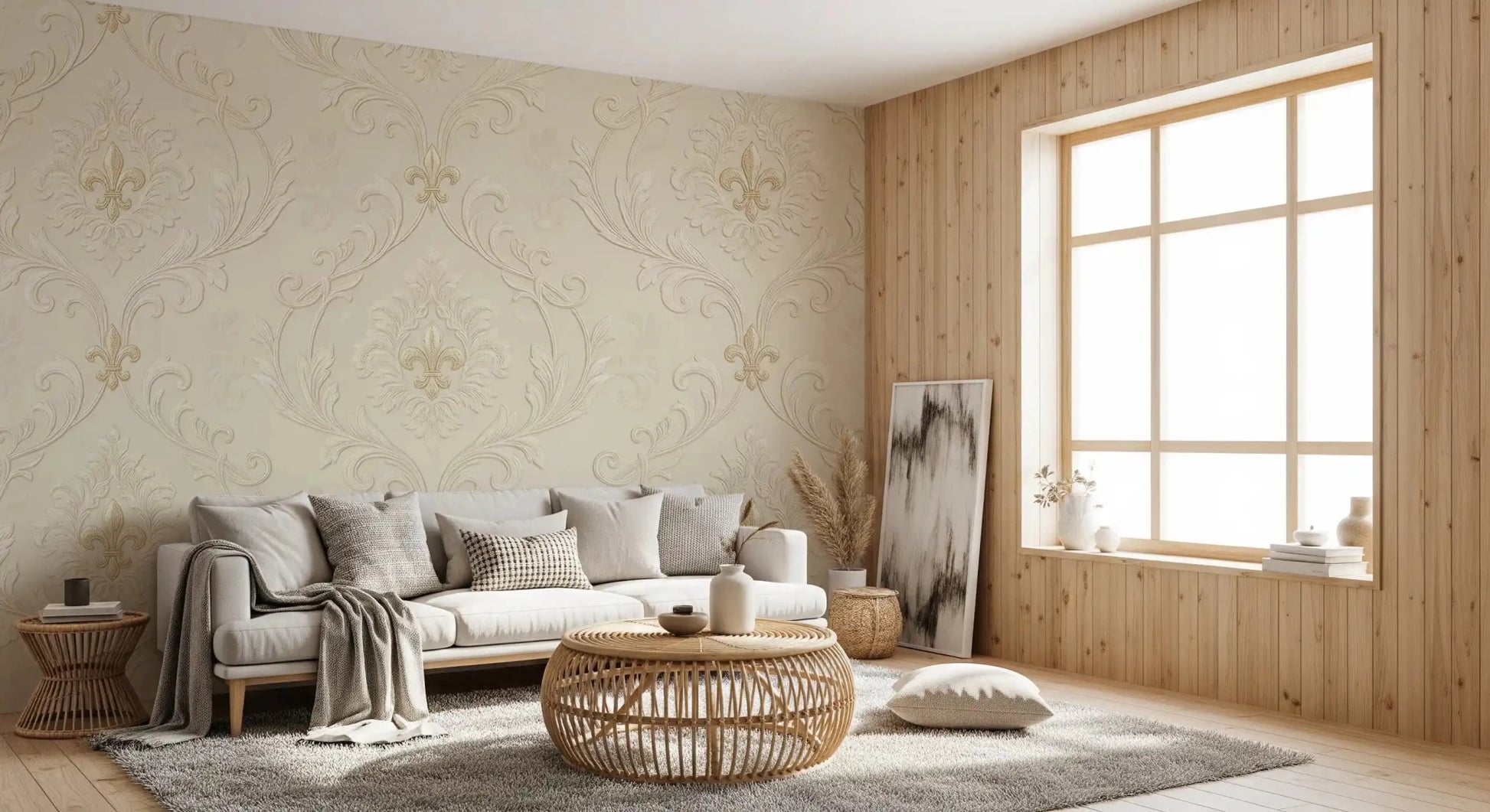 Office space with Regal Scrollwork Elegance wall mural and elegant cream texture