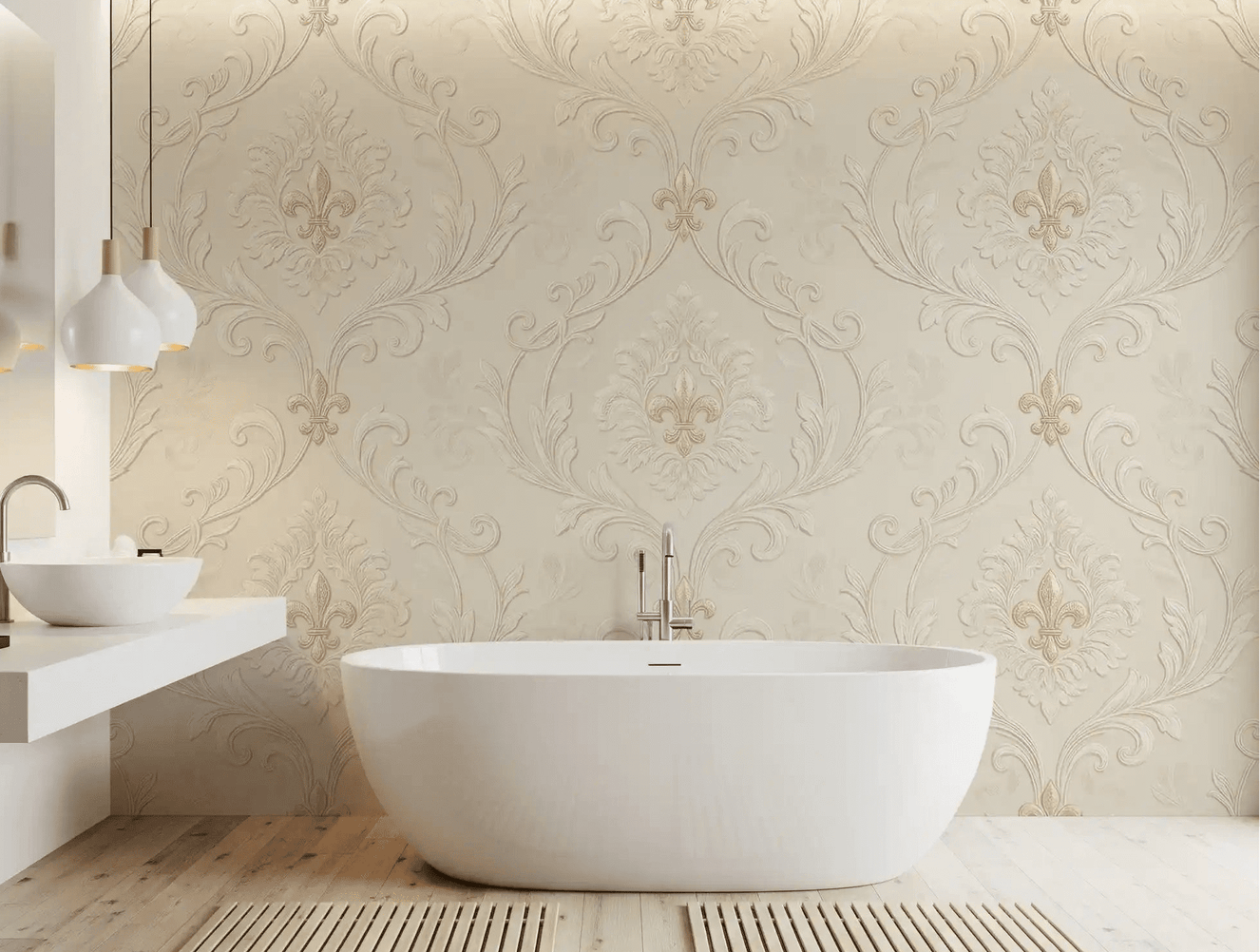 Bathroom featuring Regal Scrollwork Elegance wall mural in a pale classic motif