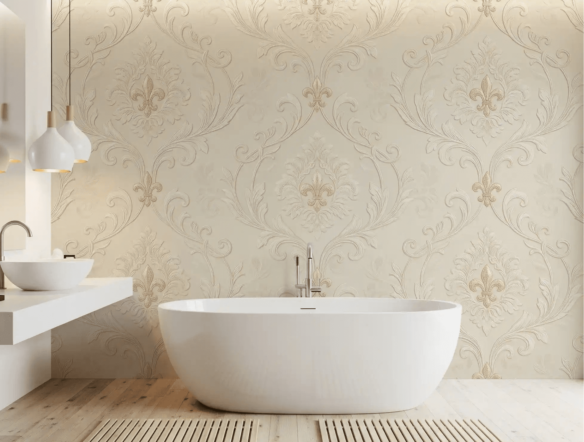 Bathroom featuring Regal Scrollwork Elegance wall mural in a pale classic motif, GD9439