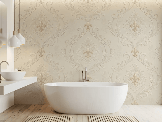 Bathroom featuring Regal Scrollwork Elegance wall mural in a pale classic motif