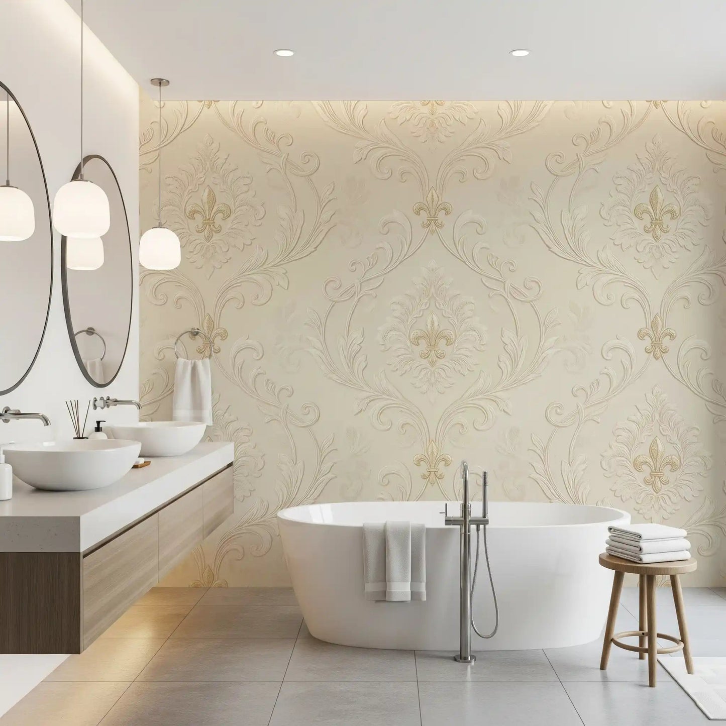 Classic wall mural showing Regal Scrollwork Elegance in a soft neutral pattern