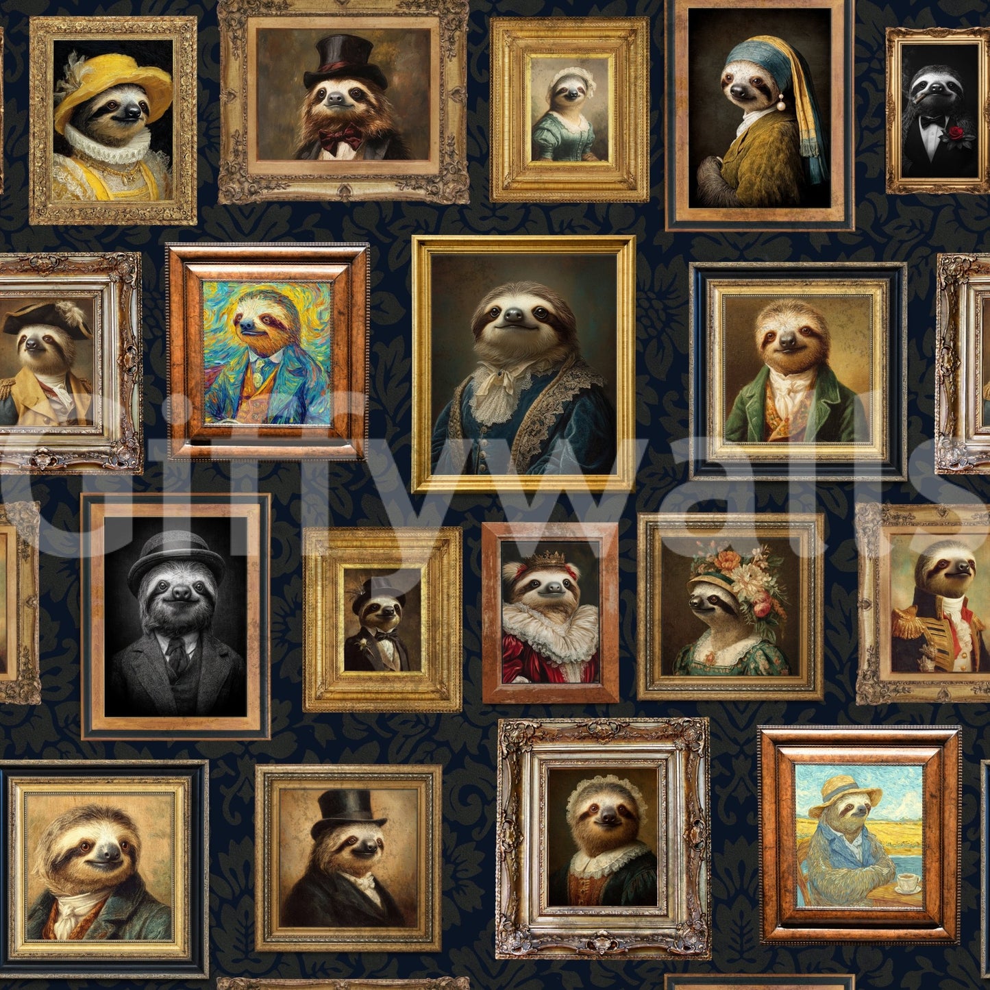 Individual sloth portraits or a repeating gallery pattern.
