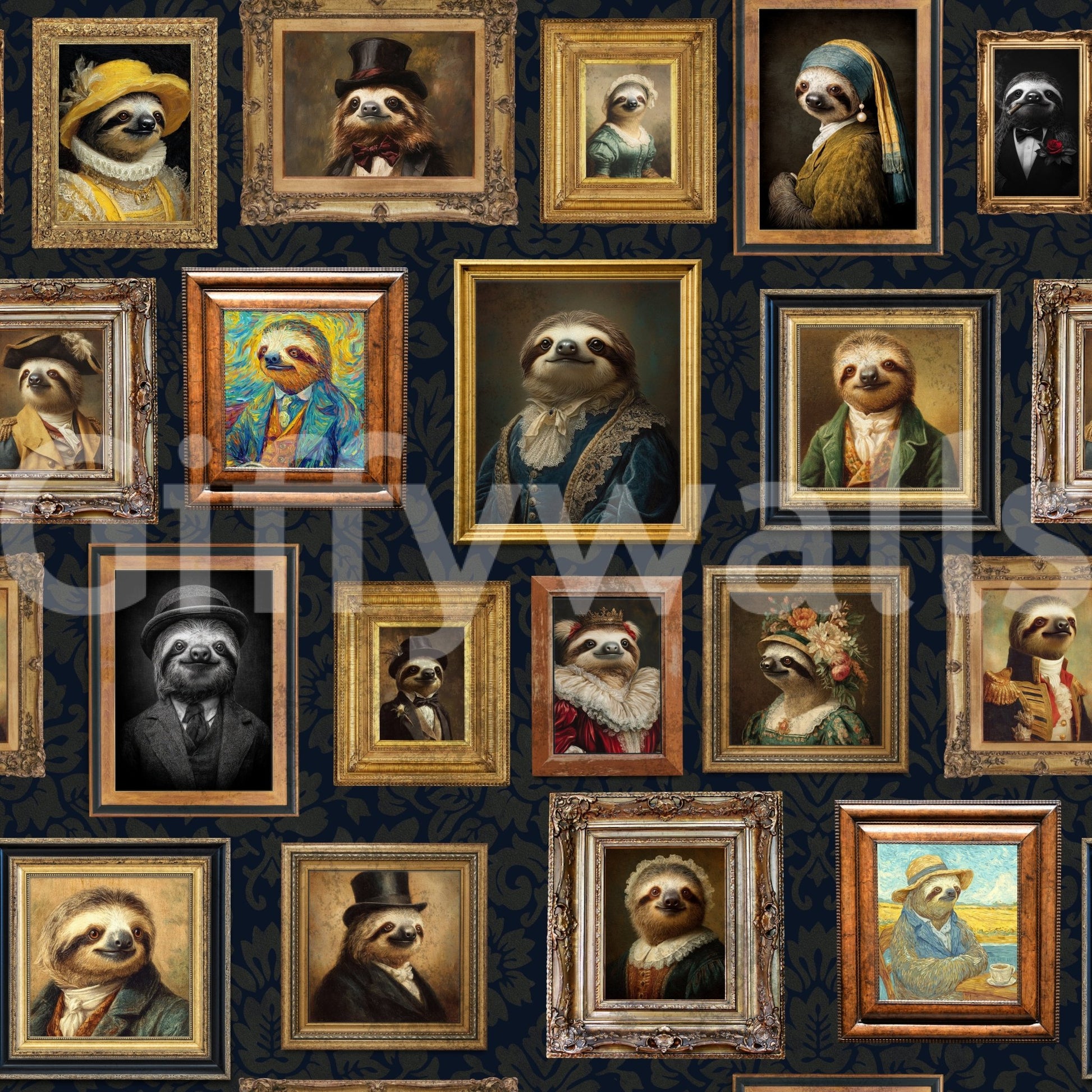 Individual sloth portraits or a repeating gallery pattern.
