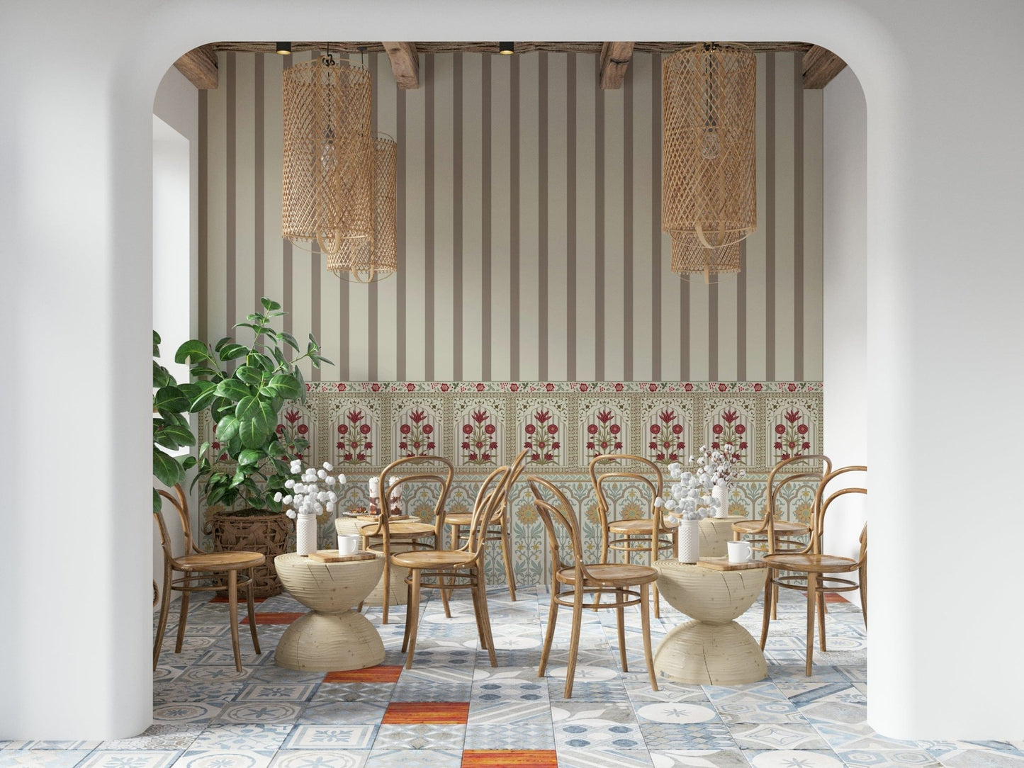 Botanical wallpaper mural featuring classic stripes and blooming flowers