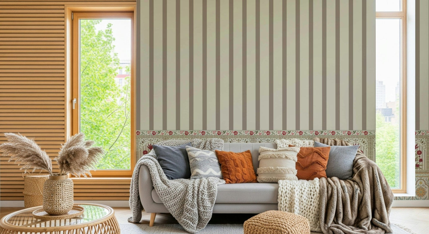 Striped wallpaper mural combined with soft botanical floral elements