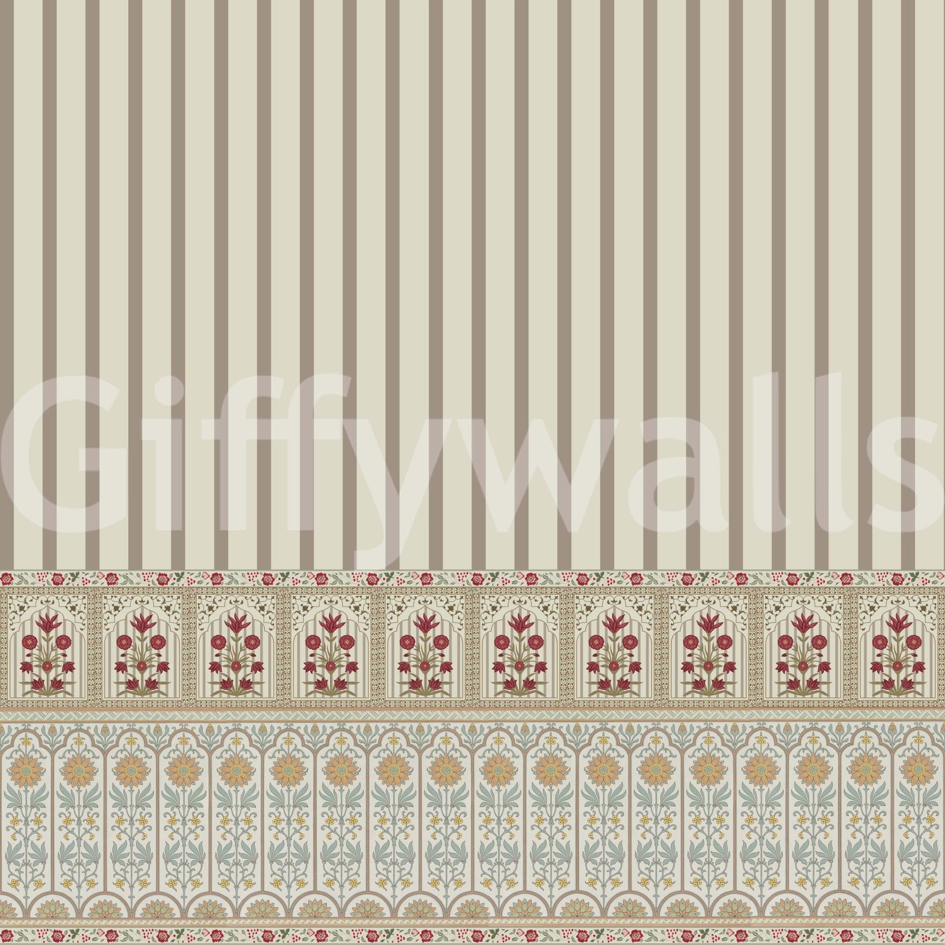 Soft flower wallpaper mural paired with timeless striped wallpaper design
