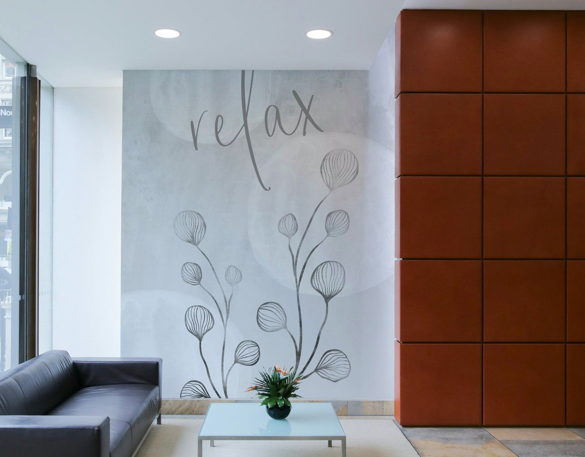 Modern zen room with Relax Japandi mural backdrop

