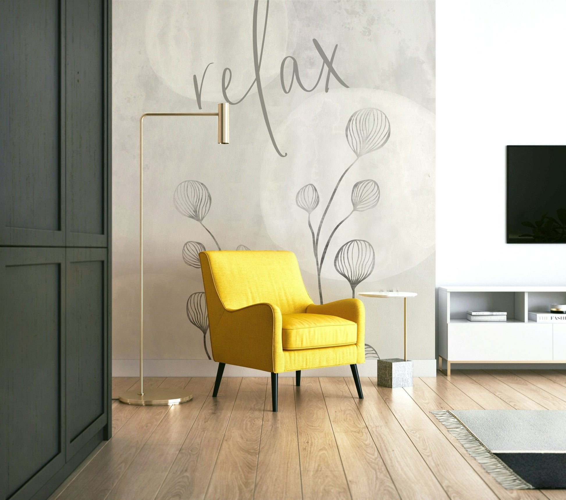 Living space featuring muted Japandi wall mural

