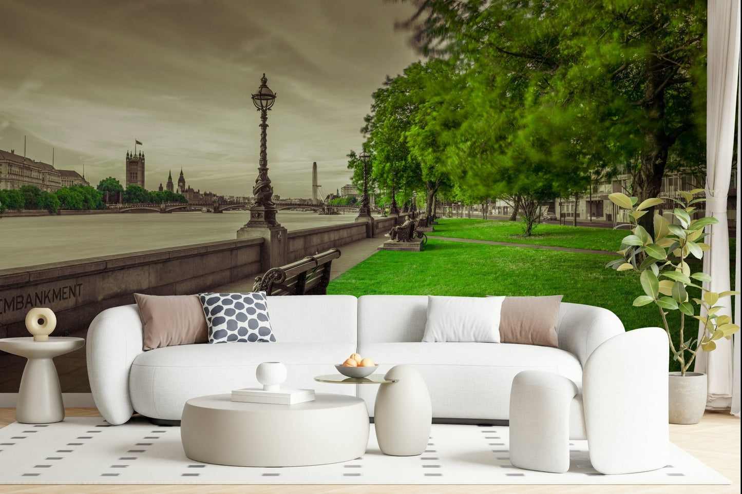 London wall mural, peaceful Thames embankment with grand cityscape vista.
