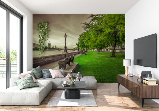Historic Restful Moments by the Thames mural, ornate lamp post.