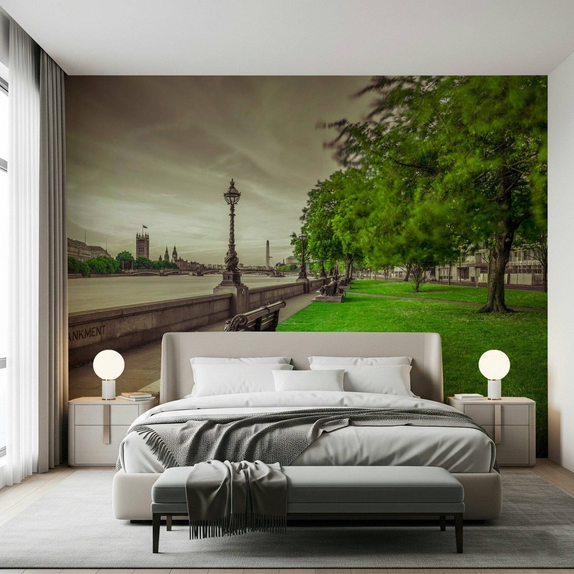 Elegant embankment mural with a seated area, part of the Restful Moments theme.