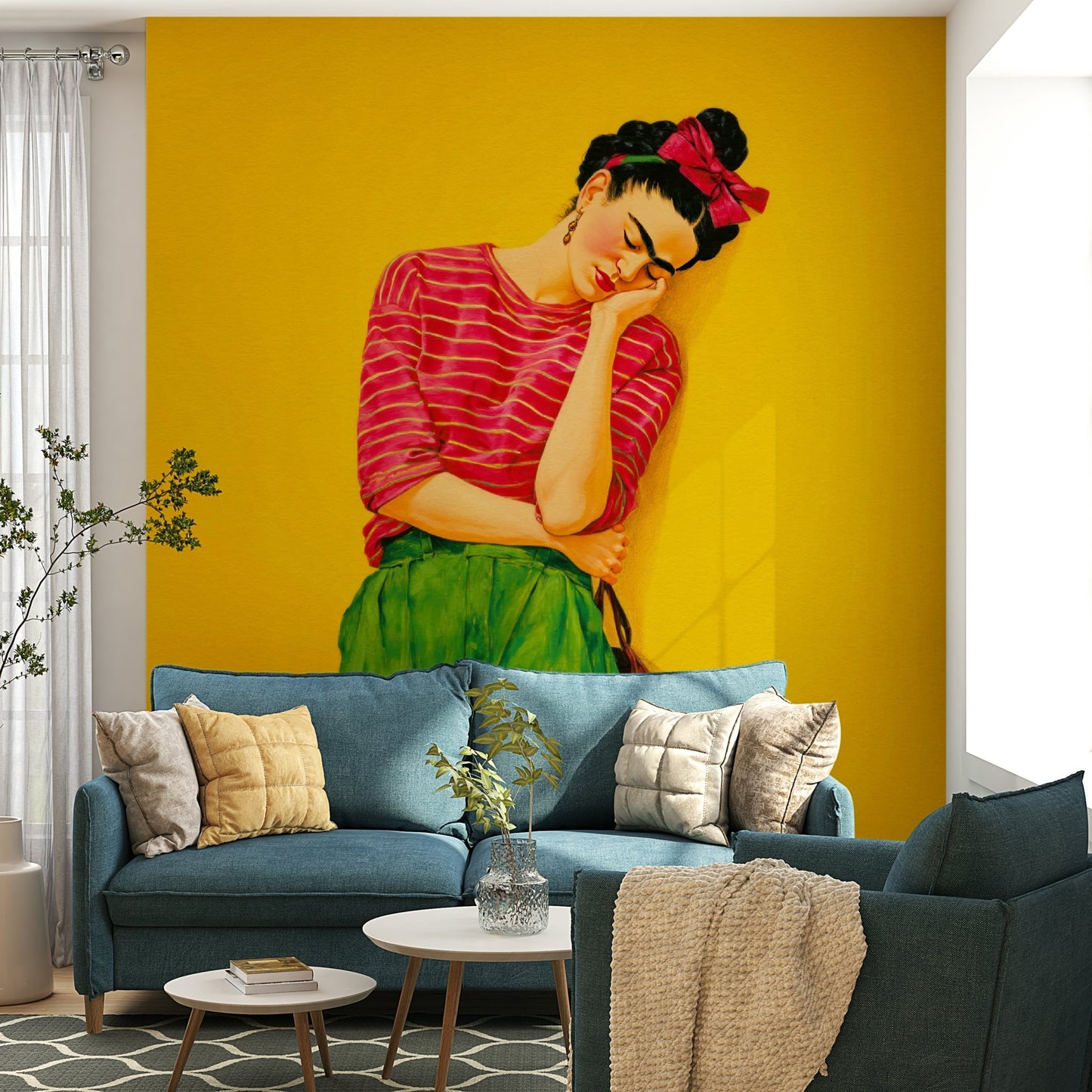 Soothing abstract mural in beige, blush, and blue tones, GD2128