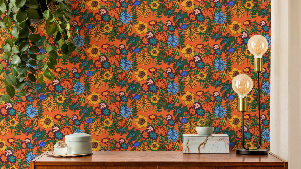 Retro 60s Floral Orange Wallpaper for vintage decor, SUSCT21