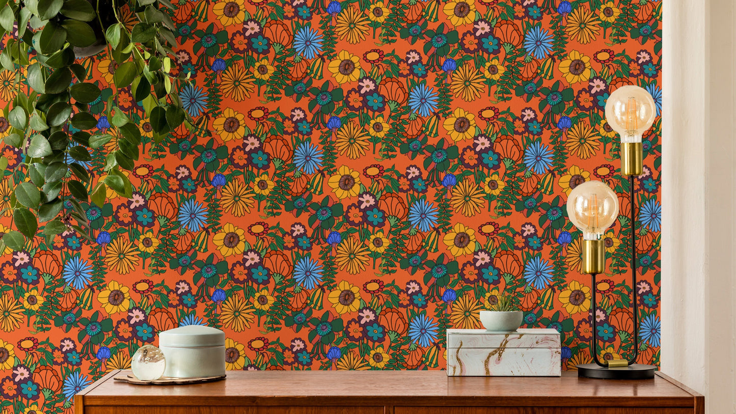 Retro 60s Floral Orange Wallpaper for vintage decor