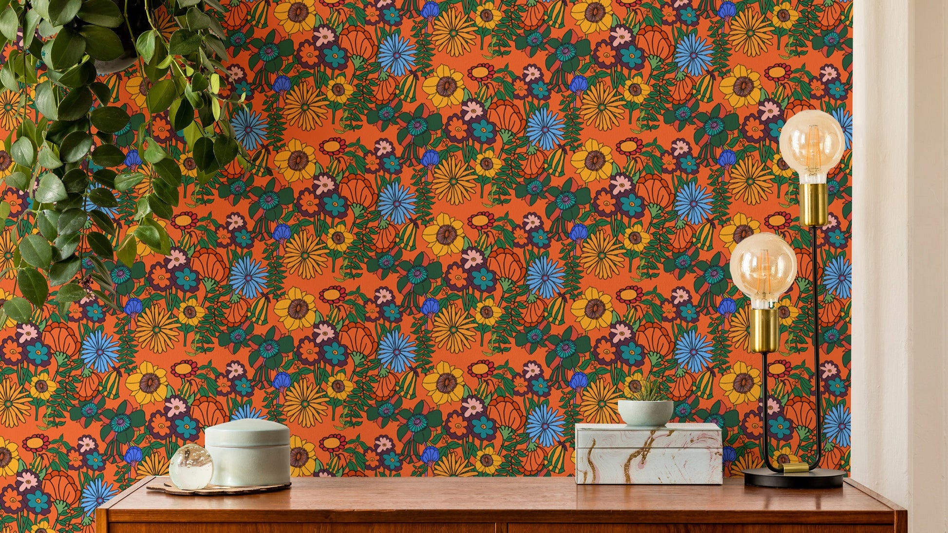 Retro 60s Floral Orange Wallpaper for vintage decor