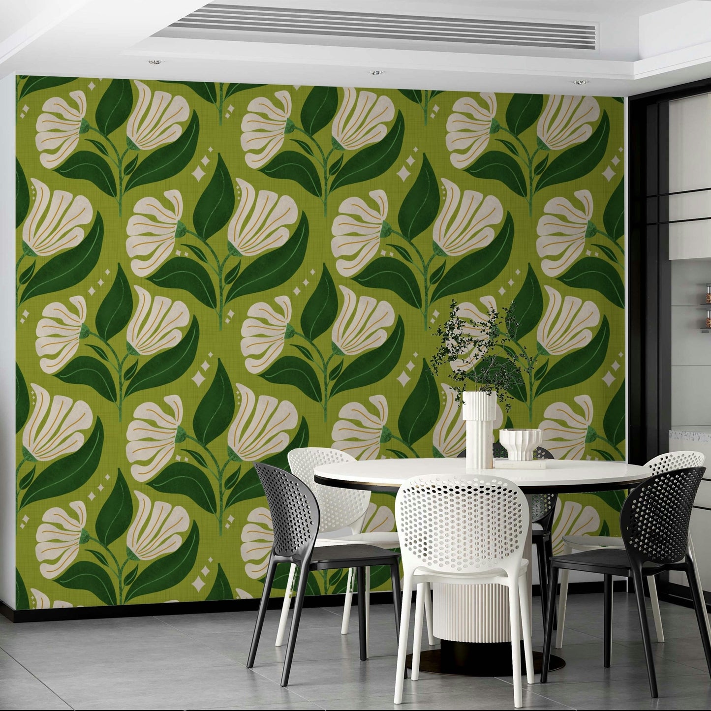Features stylized floral motifs in cream colors.
