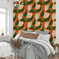 Features stylized floral motifs in cream colors.
